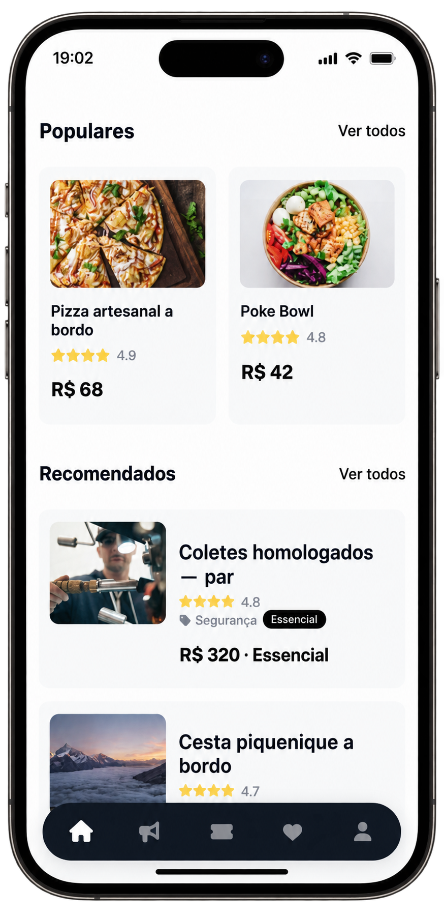 Painel do app Ynavor com sugestões de negócios